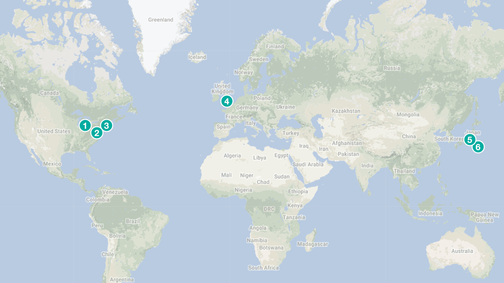 Map showing the locations of Terumo Cardiovascular Technology and Manufacturing Centers