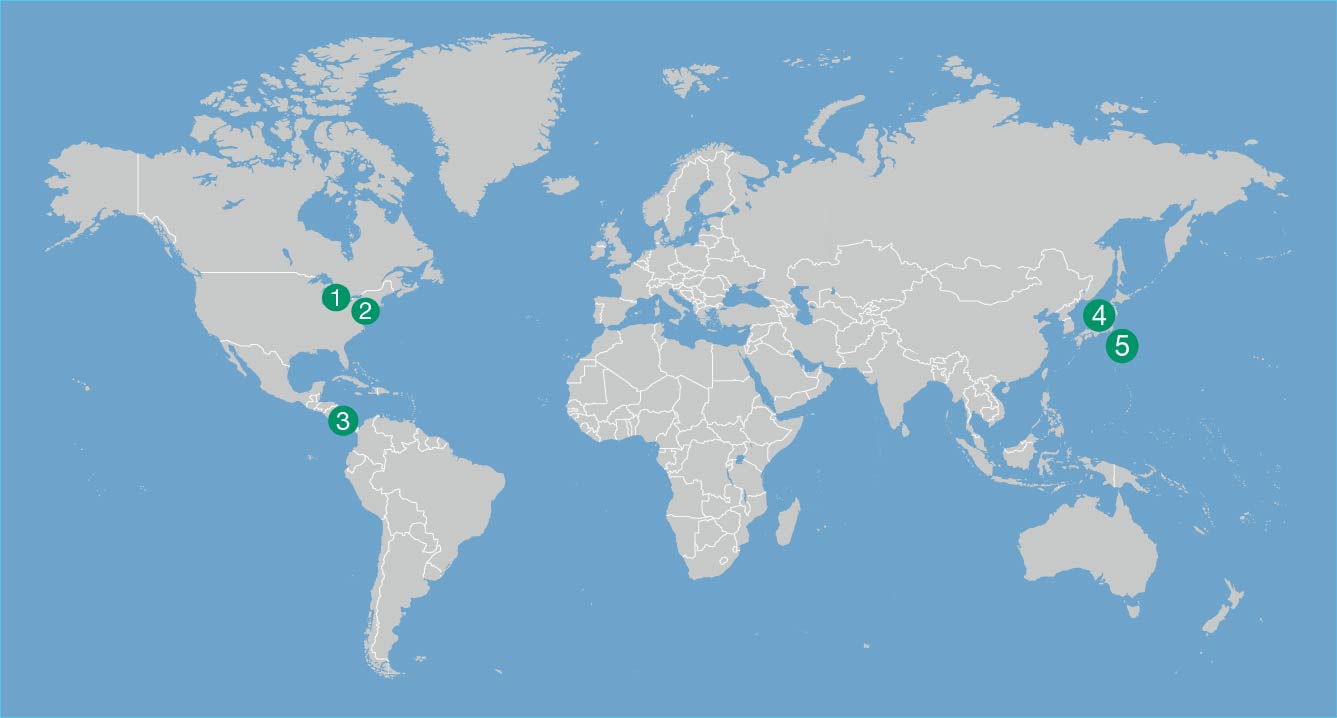 Map showing the locations of Terumo Cardiovascular Technology and Manufacturing Centers